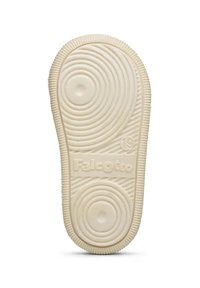 Suola di scarpa in gomma di colore bianco sporco, con scanalature circolari e bordi testurizzati. Logo "Falcotto" impresso e taglia "19" sulla superficie.