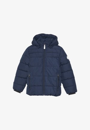 Mörkblå puffjacka med avtagbar huva, horisontellt quiltad textur, framzipper och två sidofickor med dragkedjestängning.