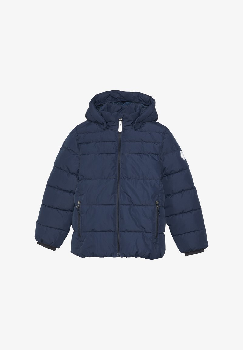 Navy blue puffer jacket with a removable hood, horizontal quilted texture, front zipper, and two side pockets with zip closures.