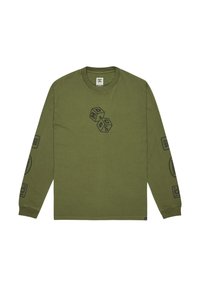 Olive green long-sleeve t-shirt made of cotton, featuring black graphic dice design on front and two logos on sleeves. Regular fit.