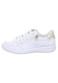 White sneaker with a smooth leather upper, textured golden accents on the heel, lace-up front, and side zipper detail. Rubber sole.