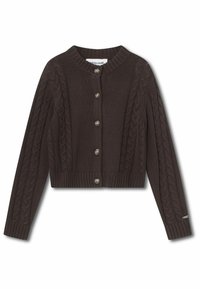 Brun stickad cardigan med flätmönster på ärmarna, fem knappar fram och ribbad nederkant och muddar.