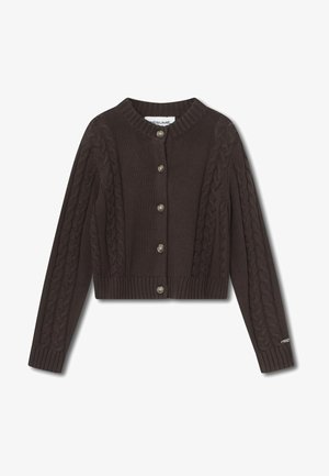 Brun stickad cardigan med flätmönster på ärmarna, fem knappar fram och ribbad nederkant och muddar.