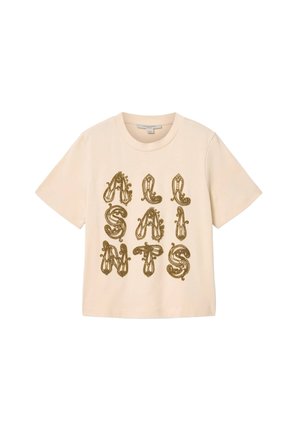Kortærmet T-shirt i creme med udsmykkede brune bogstaver, der staver "ALL SAINTS" i tre lodrette kolonner på fronten.