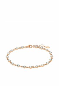 Pulsera de oro rosa con cristales redondos claros engastados en pinzas circulares, unida por una delicada cadena, con un cierre de langosta.