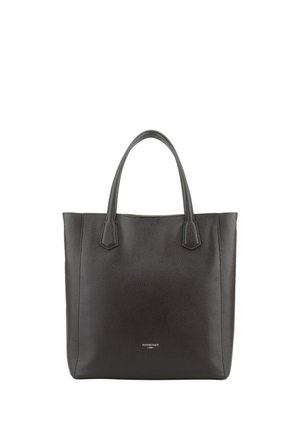 Sac cabas en cuir noir avec double poignée et petit logo de marque argenté centré près du bas à l’avant.