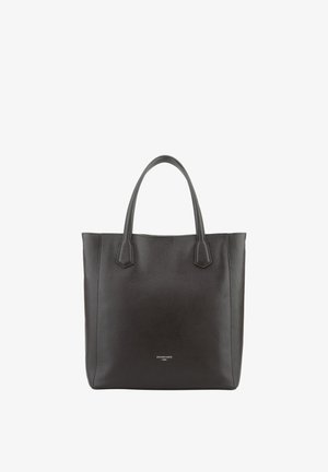 Sac cabas en cuir noir avec double poignée et petit logo de marque argenté centré près du bas à l’avant.