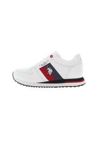Sneaker bianco con strisce rosse e navy, materiale testurizzato e grafica con logo. Presenta occhielli rotondi e suola in gomma con motivo.