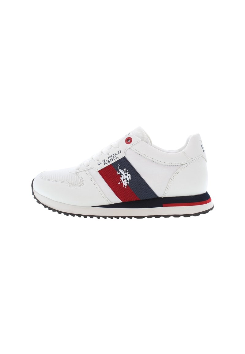 Sneaker bianco con strisce rosse e navy, materiale testurizzato e grafica con logo. Presenta occhielli rotondi e suola in gomma con motivo.