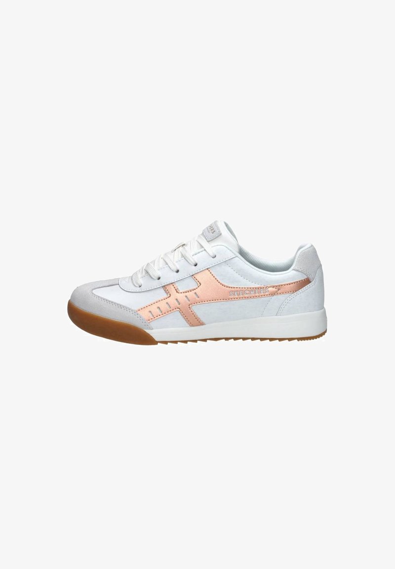 White athletic shoe with a suede gray toe and a metallic rose gold accent on the side. Features a textured gum rubber sole and laces.
