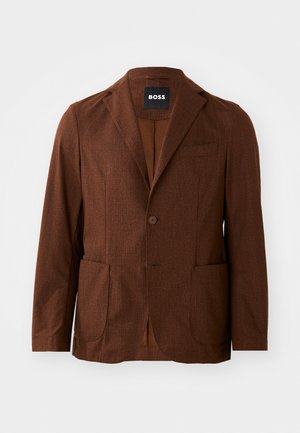 Brown patterned blazer with notch lapels, two front pockets, and a single button closure. Crafted from textured fabric. Suitable for casual wear.