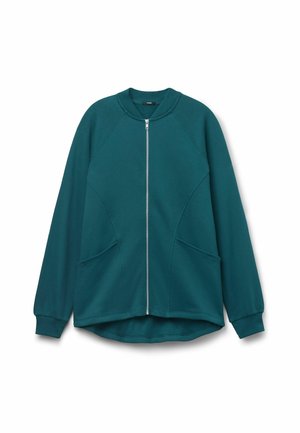 Felpa zip con cappuccio di colore teal, con maniche raglan, tasche laterali e orlo arrotondato. Realizzata in materiale morbido con una consistenza liscia.