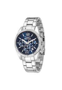 Orologio in acciaio inossidabile argentato con quadrante blu navy, lunetta rotante e tre sotto-quadranti. Presenta marcatori delle ore audaci e una finestra per la data.
