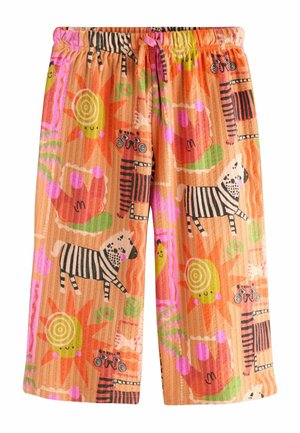 Kinder-Orangehosen mit elastischem Bund, verziert mit bunten Motiven von lächelnden Sonnen, Zebras, gestreiften Tigern, Blättern und abstrakten Formen.