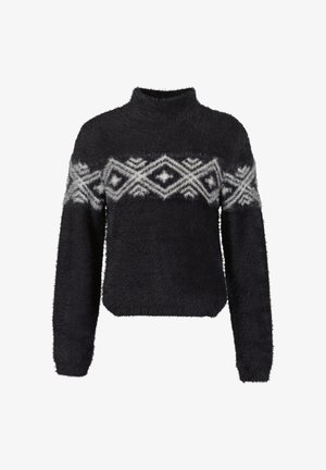 Pull noir duveteux avec col montant et motif géométrique en losanges gris sur la poitrine et le haut des manches, manches longues et longueur courte.