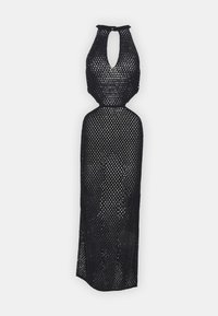 Robe noire à halter en tissu en maille, dotée d'un décolleté en forme de clé, d'une taille ajustée et d'une silhouette longue et droite avec des fentes latérales.