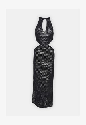 Robe noire à halter en tissu en maille, dotée d'un décolleté en forme de clé, d'une taille ajustée et d'une silhouette longue et droite avec des fentes latérales.