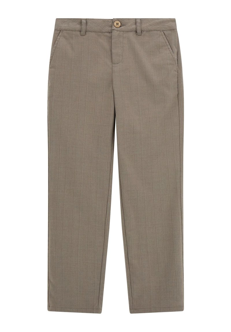 Camelkleurige broek met een subtiel streepjespatroon, gemaakt van een gladde stof, met een sluiting aan de voorkant met een knoop en zijzakken.