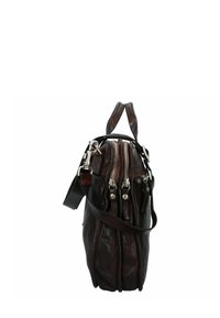 Borsa in pelle marrone con più scomparti con zip, manico superiore, tracolla regolabile e dettagli in metallo di colore argento.