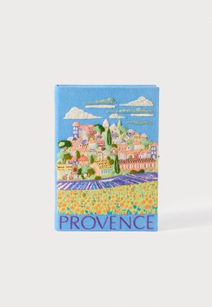 Embroidered cover featuring a colorful landscape of buildings and fields, predominantly blue with accents of pink, yellow, and green, labeled "PROVENCE."