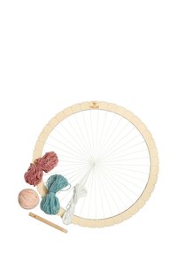 Wooden craft wheel with 12 spokes, four yarn bundles in pink, teal, white, and peach, and a small wooden peg for assembly.