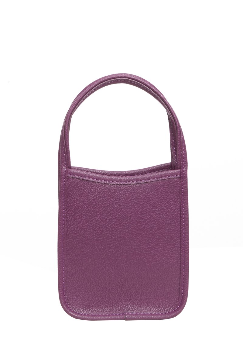 Borsa a tote in pelle viola con texture liscia, bordi arrotondati e un manico singolo. Caratterizza un design minimalista senza hardware visibile.