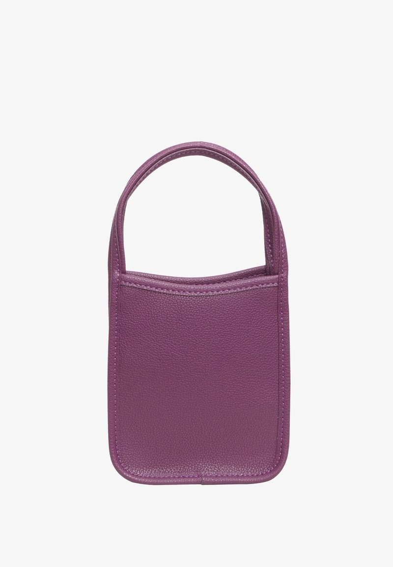 Borsa a tote in pelle viola con texture liscia, bordi arrotondati e un manico singolo. Caratterizza un design minimalista senza hardware visibile.