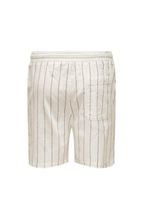 White shorts with black vertical stripes, elastic waistband, and a single back pocket. Made of lightweight fabric with a soft texture.