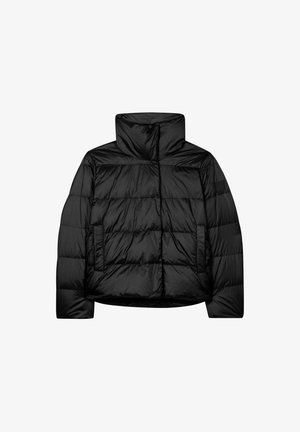 Black puffer jacket with a high neck, quilted design, front pockets, and a cropped silhouette. Smooth, glossy texture.