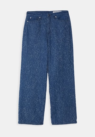 Blue denim jeans with a straight-leg design, featuring a textured finish and a faded, speckled pattern. Includes front pockets and a button closure.