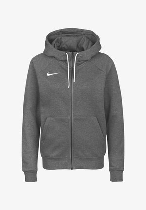 Mørkegrå hættetrøje med lynlås, forlommer, hvide snore og et lille hvidt Nike-logo på venstre bryst.