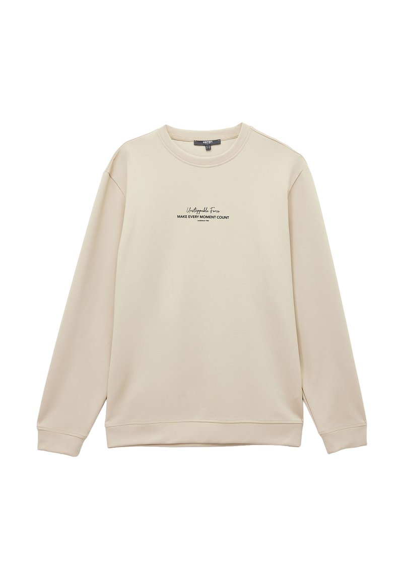 Beige sweatshirt med långa ärmar. Har en rund halsringning och svart text som säger "Wonderful Free Make Every Moment Count" på framsidan.