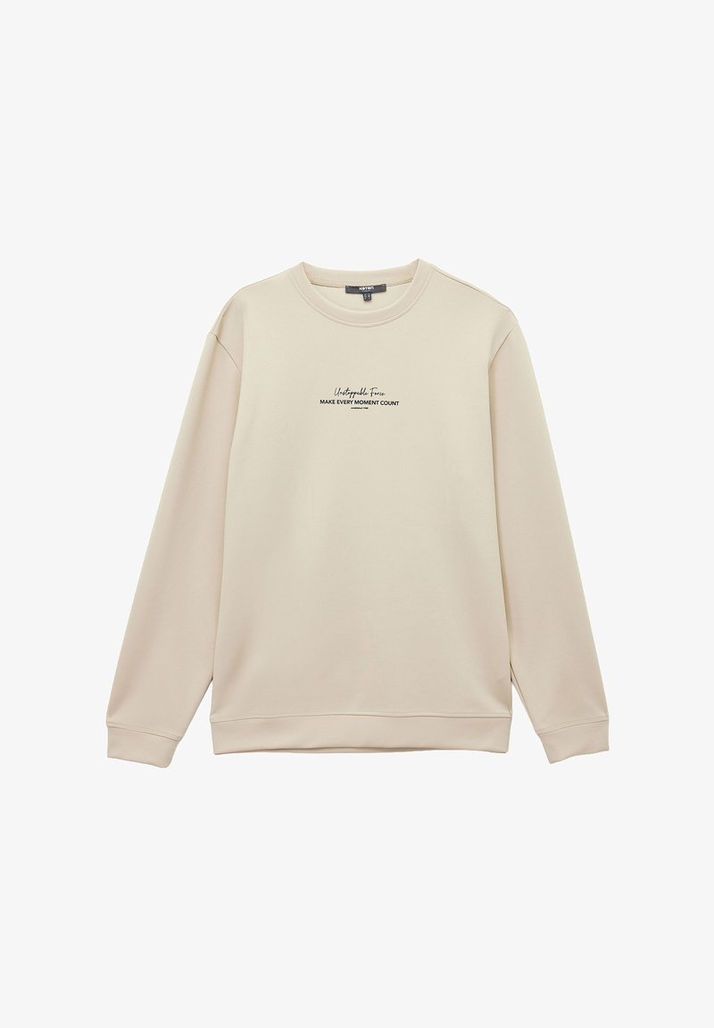 Beige sweatshirt med långa ärmar. Har en rund halsringning och svart text som säger "Wonderful Free Make Every Moment Count" på framsidan.