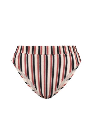 Hooggeknipte bikinitop in een textuurstof, met verticale strepen in rood, zwart en crème. Elastiche tailleband voor een goede pasvorm.