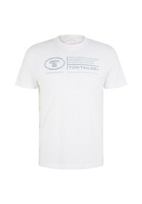 Hvid bomulds T-shirt med korte ærmer, prydet med blå tekstgrafik og logo på fronten. Klassisk crew neck design.