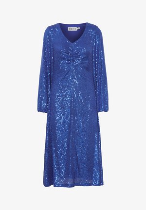 Blaues Paillettenkleid mit V-Ausschnitt und langen Ärmeln. Mit Raffung an der Vorderseite, fließender A-Linie-Form und glänzender Textur durchgehend.