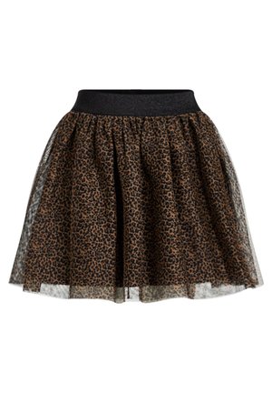 Brauner und schwarzer Leopardenmuster-Rock mit schwarzem elastischem Bund und transparentem Mesh-Überzug, ausgestellter Stil.