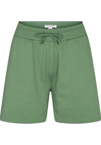 Zelené volné šortky s elastickým pasem a šňůrkou, velikost střední, z měkké bavlněné tkaniny, viditelný štítek U.S. Polo Assn. uvnitř pasu.