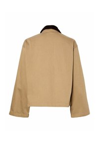 Kavna bombažna jakna s črnim ovratnikom, z kvadratnim krojem in dolgimi rokavi. Teksturovana tkanina z ravno podobo na hrbtu.