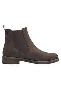 Botte de cheville en cuir marron avec des panneaux élastiques sur les côtés, une languette, un embout rond et un petit talon empilé. Texture lisse avec des accents minimaux.