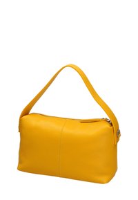 Borsa a spalla in pelle gialla con finitura testurizzata, dotata di manico superiore curvo e chiusura con zip, forma rettangolare strutturata.
