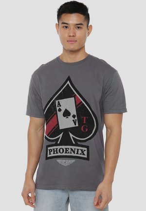 Gray short-sleeve T-shirt with a spade graphic, featuring an "A" playing card, red stripes, and "PHOENIX" text at the bottom.