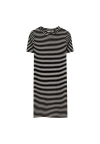 Schwarz-weißer gestreifter T-Shirt-Kleid mit kurzen Ärmeln und Rundhalsausschnitt. Hergestellt aus weichem, elastischem Stoff und mit horizontalen Streifen durchgehend.