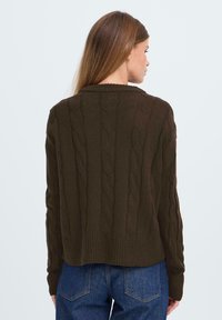 Brązowy sweter w splot szerokiej dzianiny z prążkowanym dołem i mankietami, o klasycznym fasonie i fakturowanym wzorze. Widok z tyłu ukazuje krótki krój.