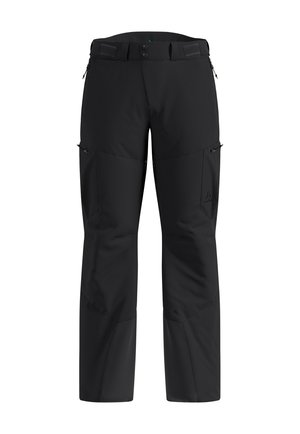 Pantaloni outdoor impermeabili neri con tessuto strutturato, zip laterali per le tasche e vita regolabile con chiusure a bottone.