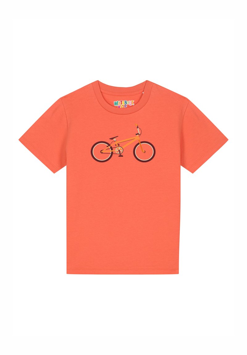 Oranje katoenen t-shirt met een zwart en geel fietsprint op de voorkant. Ronde hals en korte mouwen, met een zachte textuur.