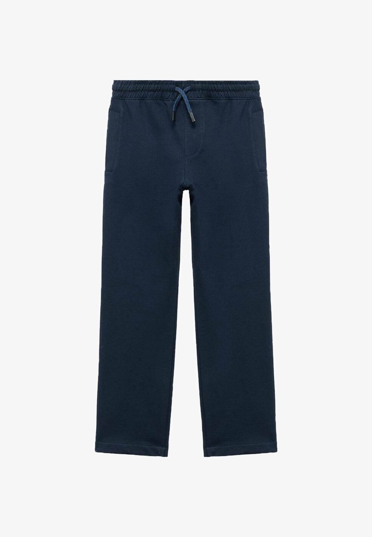 Mornarsko modri casual hlače z elastičnim pasom in kodrom, z stranskimi žepi in ravnim krojem.