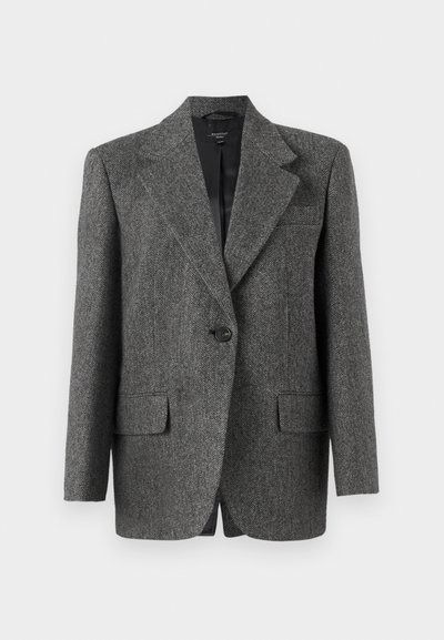 Grå herringbone-blazer av texturerad tyg, med enkel knappstängning, slagkrage och två framfickor.