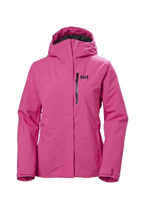 Pink waterproof jacket with a hood, zippered front, and logo on the chest. Features elastic cuffs and side pockets for convenience.