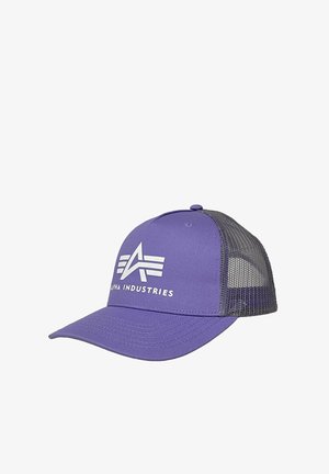 Purple baseball cap with a solid front, mesh sides, and a curved brim. Features a white logo text: “ALPHA INDUSTRIES” with stylized graphics.